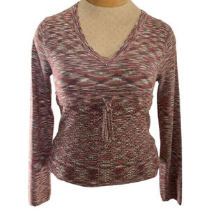 Like Love Women's Large Pink Cream Green Blouse Long Sleeve Knit V-Neck